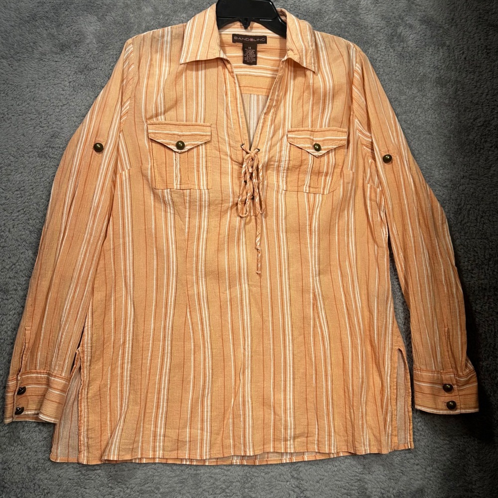 Bandolino Striped Tunic Womens 14 Orange White Cotton Lace Up Roll Tab‎ Sleeve